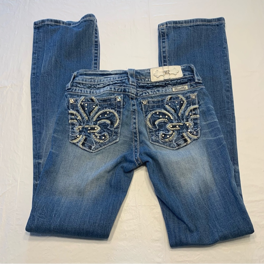 Miss Me Embroidered Embellished Mid Rise Boot Cut Denim Blue Jeans Women’s 25